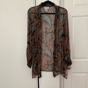 Linea Louis Dell'Olio Print Silk Shirt Size XL Sheer